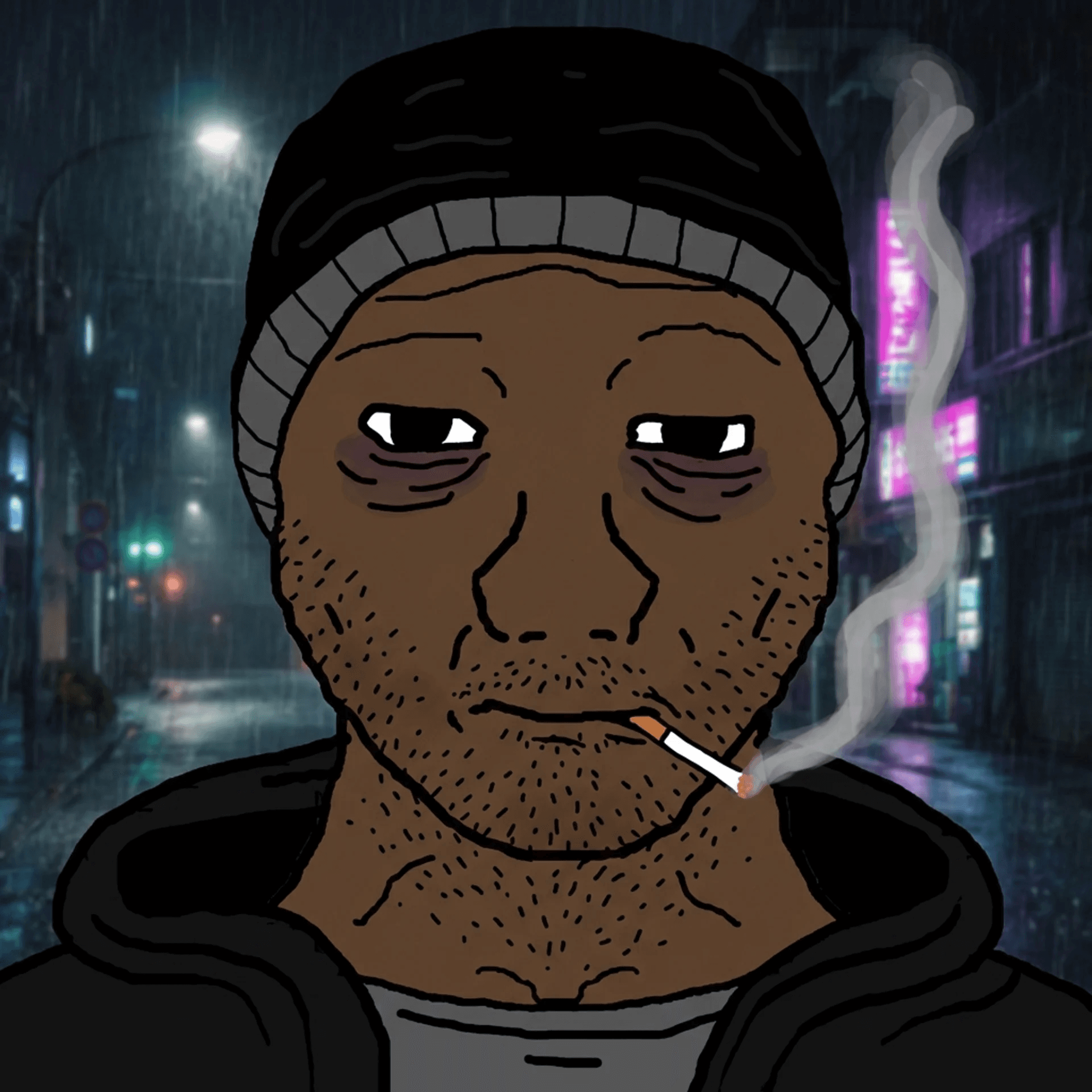 Tired anonymous character in rainy city